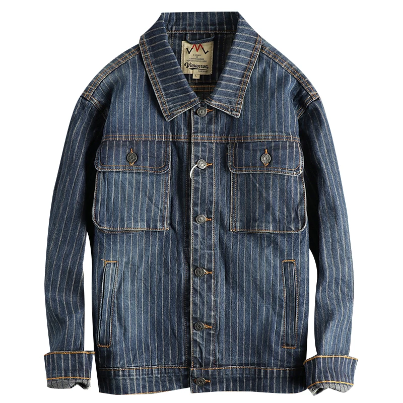 Autumn And Winter New American Retro Men\'s Striped Washed Old Casual Denim Jacket Fashion Loose Casual Coat