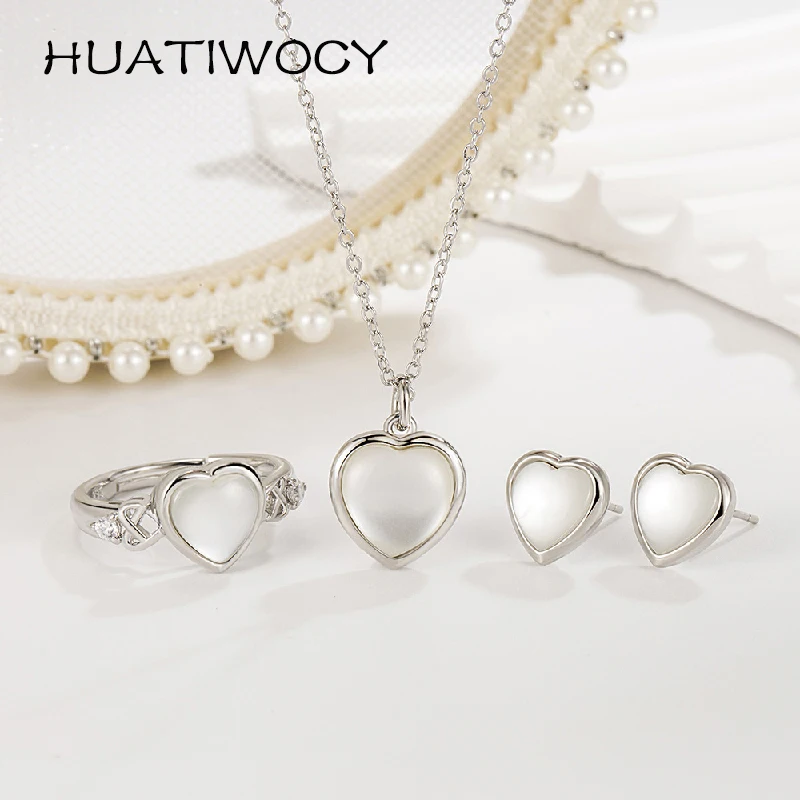 

HUATIWOCY Luxury 925 Silver Jewelry Set Ring Stud Earrings Necklace Accessories for Women Wedding Engagement Party Promise Gift