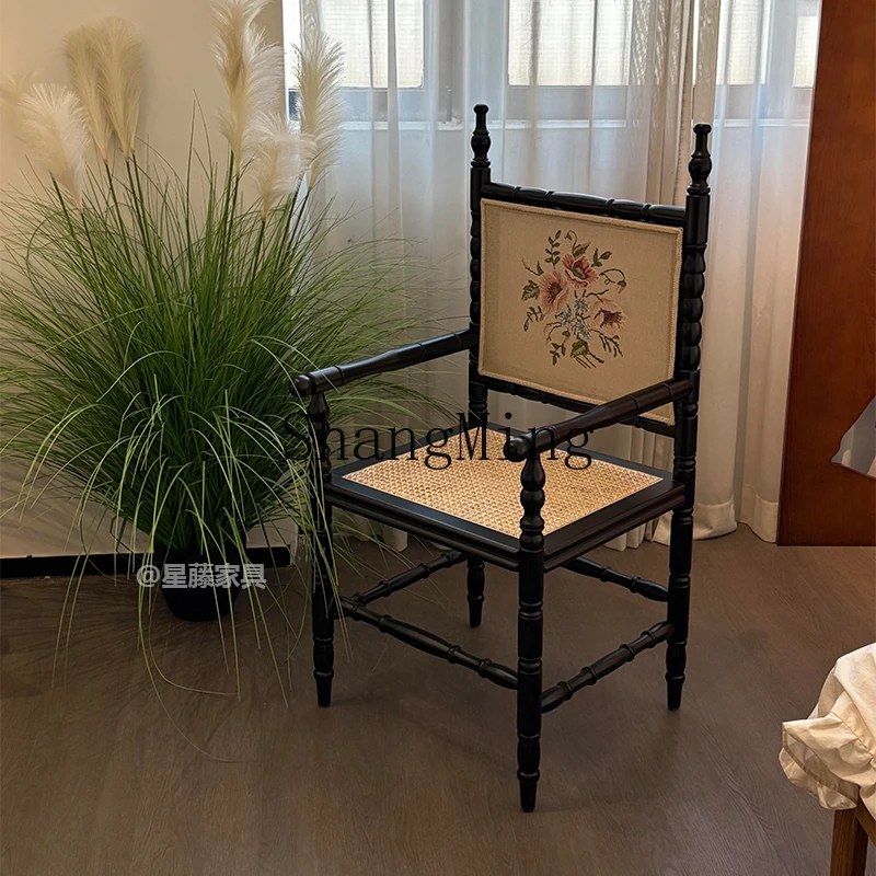 

HJ rattan dining chair embroidery national style home solid wood Chinese style living room light luxury balcony bedroom chair