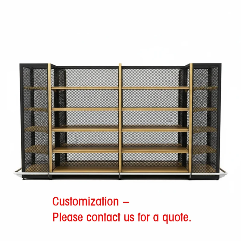 custom.Double-Sided Heavy Duty Metallic Iron Mesh Shelving with Powder Coated Supermarket Rack and Customizable Sizes