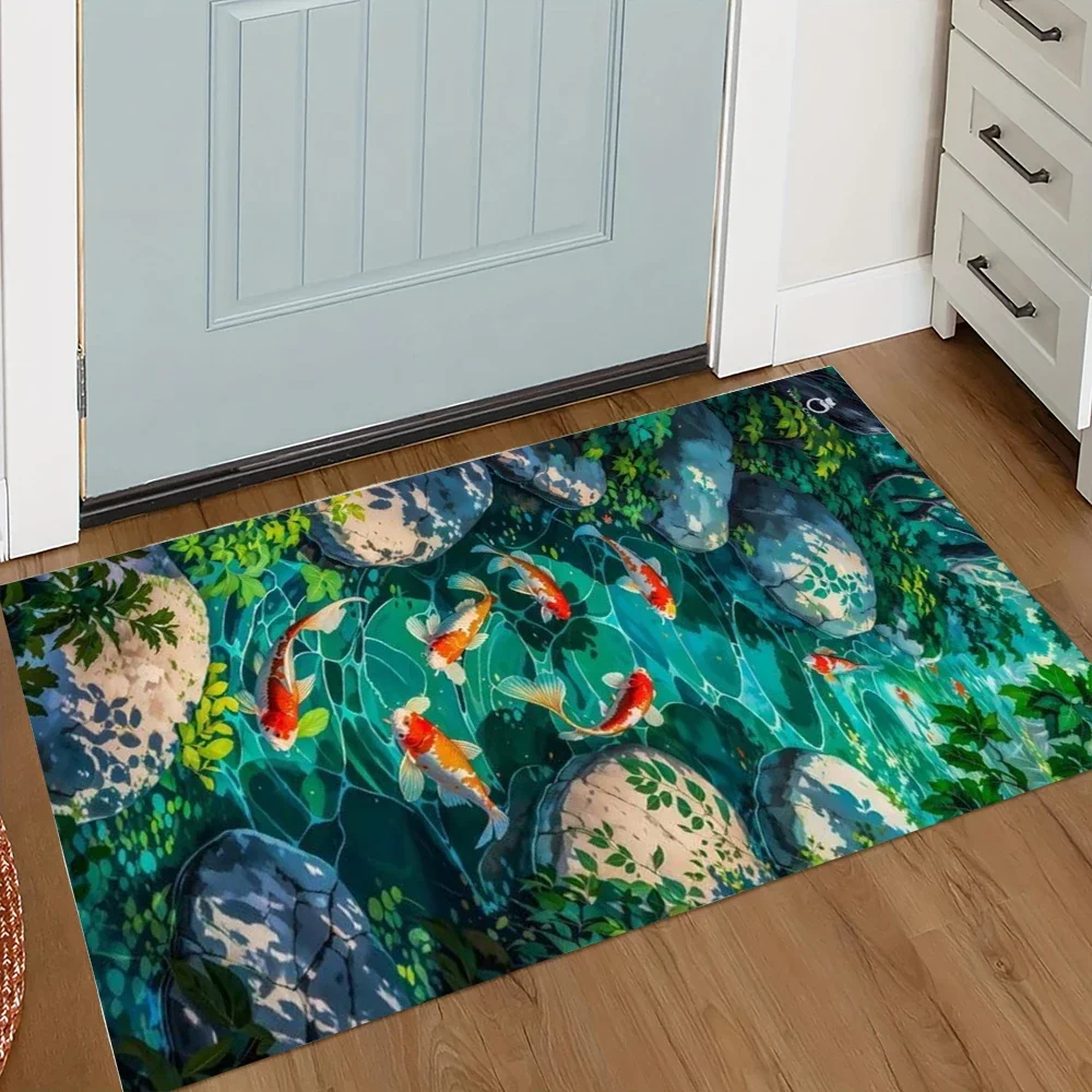 Koi Fish Print Welcome Entrance Doormat Home Decor Carpet Indoor Outdoor Floor Mat Living Room Bedroom Bath Kitchen Rug