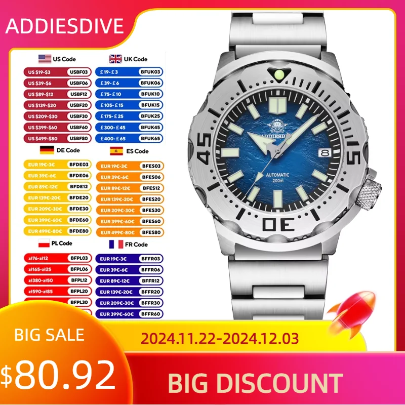 ADDIESDIVE New Sapphire Glass Automatic Mechanical Men Watch Luminous Waterproof 200m Steel Dive Watches DRESS 42MM Wristwatches