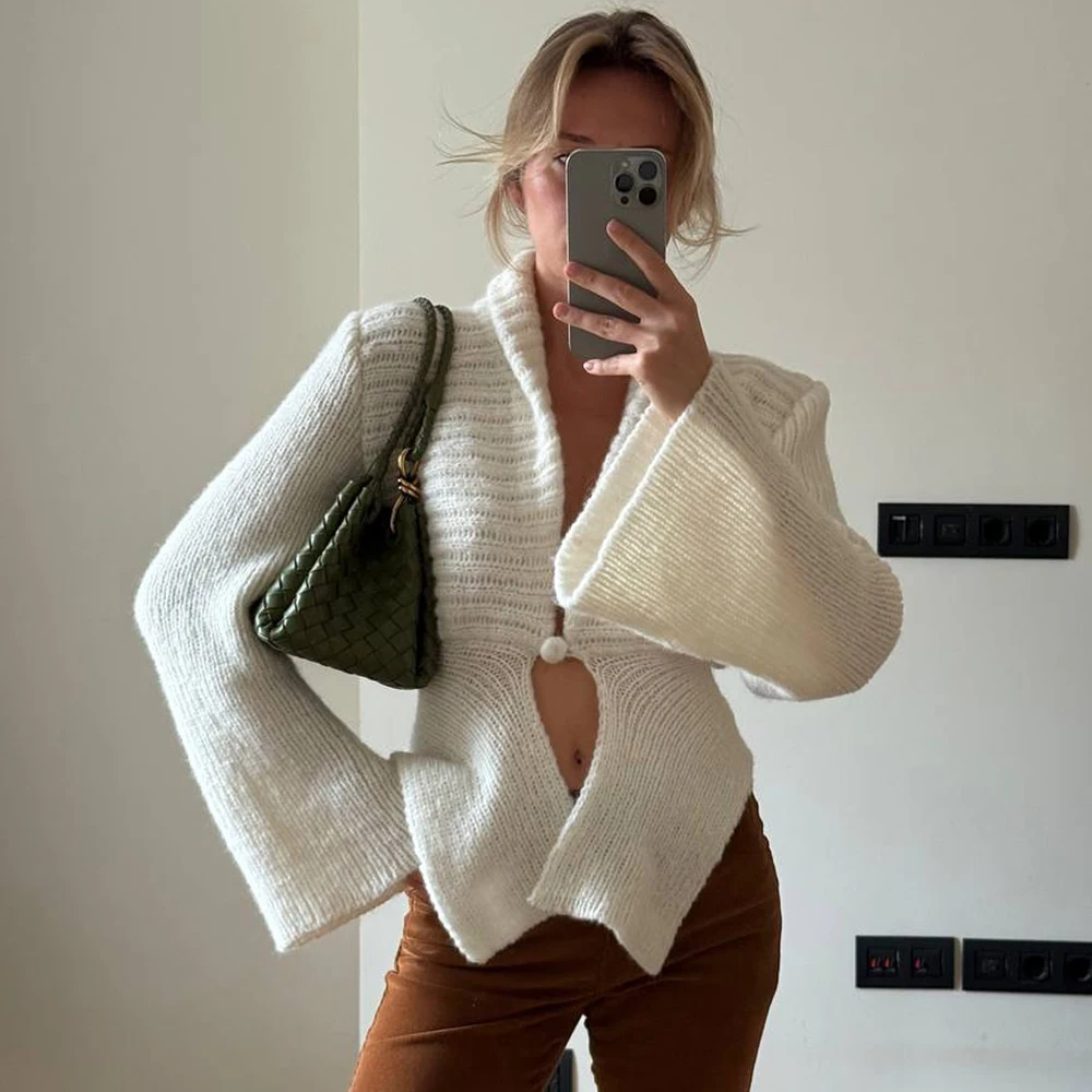 

Talenza White Vintage Knit Sweater Cardigan For Women Hollow Out Loose Elegant Autumn 2025 Cover up Knitwear Female Cardigan Top