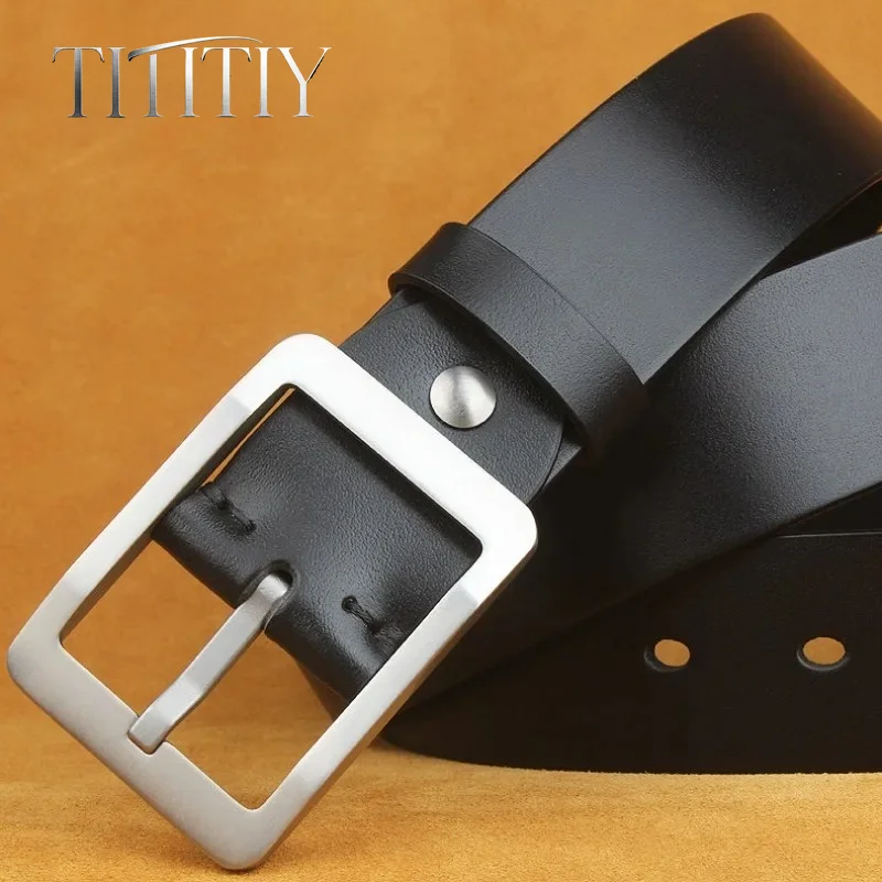 Pure Titanium Pin Buckle Leather Belt Men, Hypoallergenic Casual Cowhide Waistband, Minimalist for Middle-Age Jeans 34mm/38mm