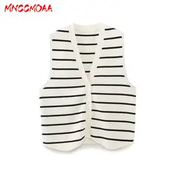 MNCCMOAA 2024 Spring Women Fashion V-Neck Button Knitted Striped Vest Female Casual Versatile Sleeveless Tank Top