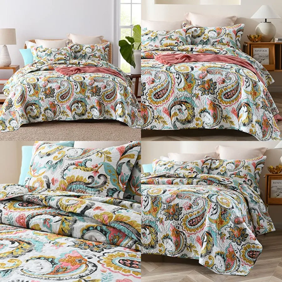 

Cotton Bedspread Quilt Sets, 3 Pieces Reversible Comforter Coverlet Sets,White Floral Paisley,Queen Size