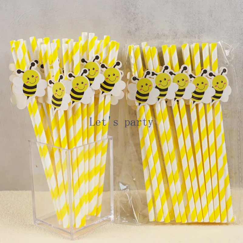 20Pcs Sweet Bee Theme Disposable Paper Straws Bar Drinking Straw Tableware for Kids Birthday Baby Shower Party Decorations