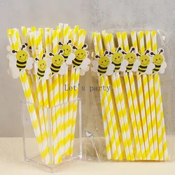 20Pcs Sweet Bee Theme Disposable Paper Straws Bar Drinking Straw Tableware for Kids Birthday Baby Shower Party Decorations