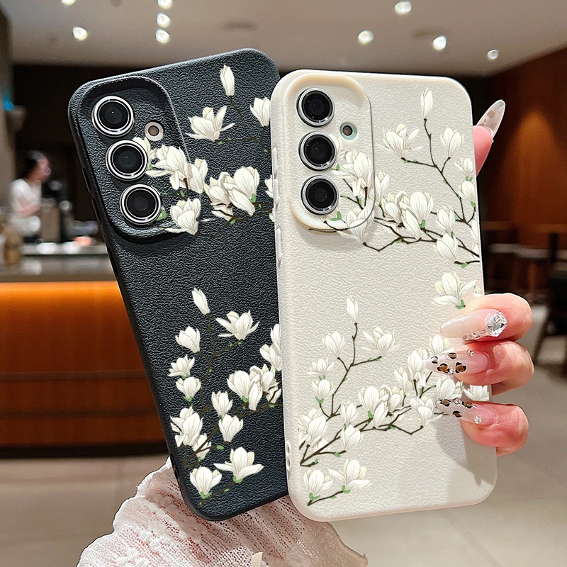 White Flower Case For Samsung Galaxy A55 A54 A53 A52 A16 A15 A14 A35 A34 A25 5G S20 FE S21 S22 S23 S24 Ultra Leather Texture