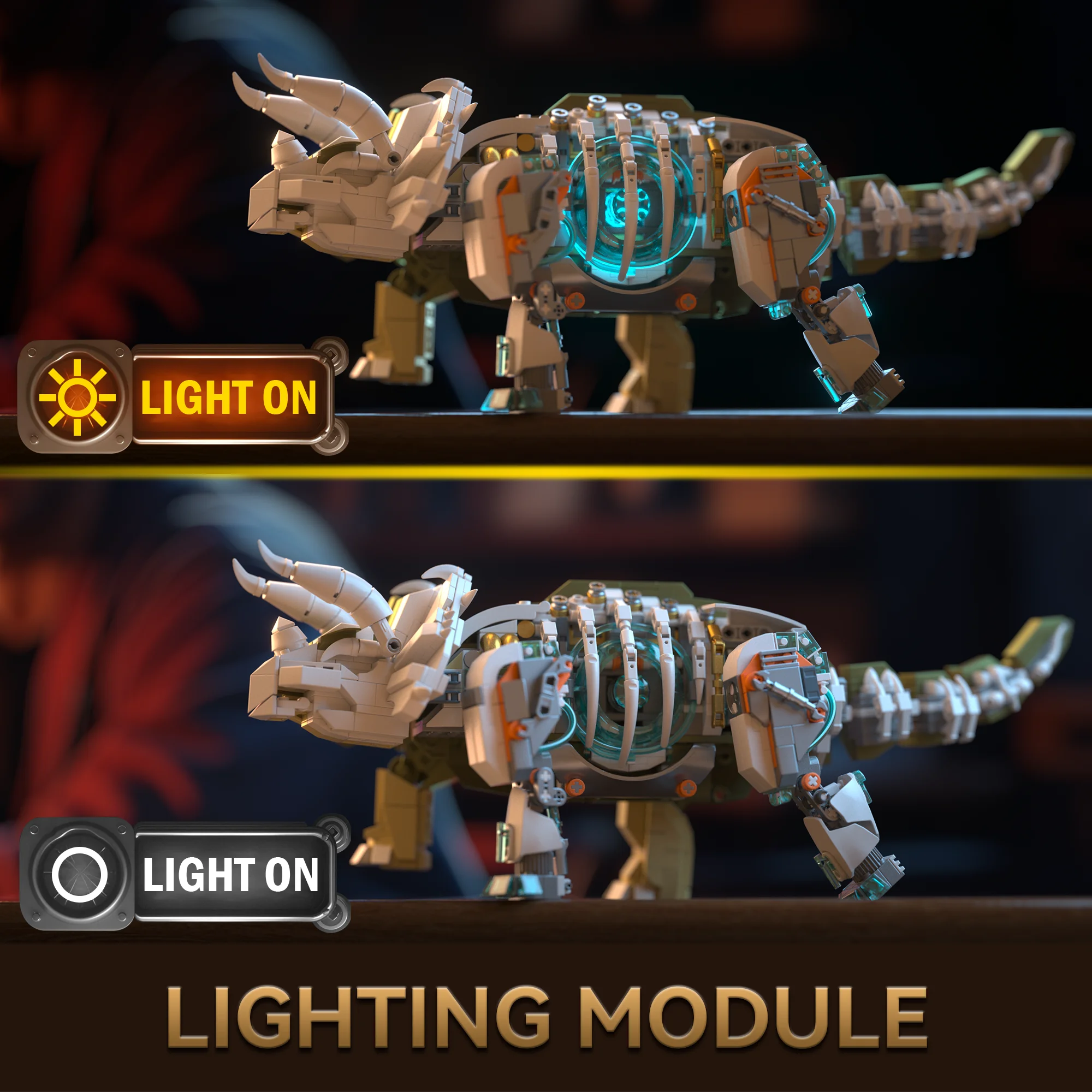 

Mechanical Triceratops Building Blocks Dinosaur Model Series DIY Assembly Toy with Lights Desktop Ornament Kid Holiday Gift