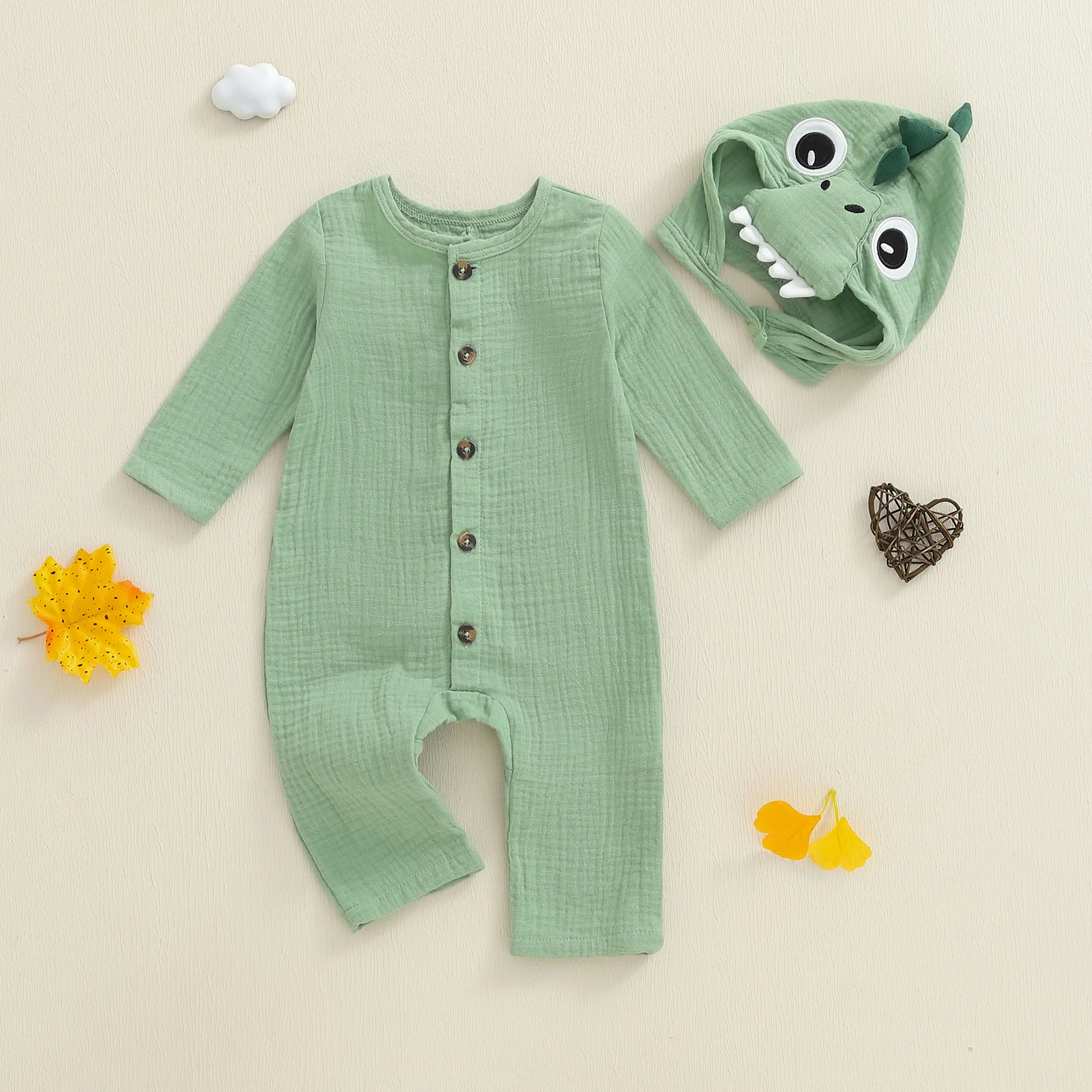 

SUNSIOM Newborn Baby Boy Girl Romper Dinosaur Themed Crew Neck Long Sleeve Button Up Full Length Jumpsuit with Hat