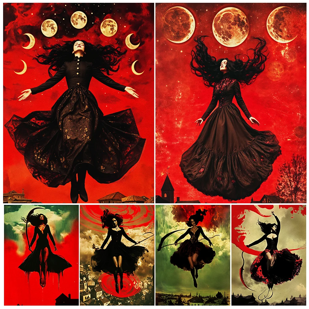 Moon Phase Witch Floating In The Air,Abstract Wall Art Canvas Painting,Magic Witch Vintage Art Poster And Print Home Decoration