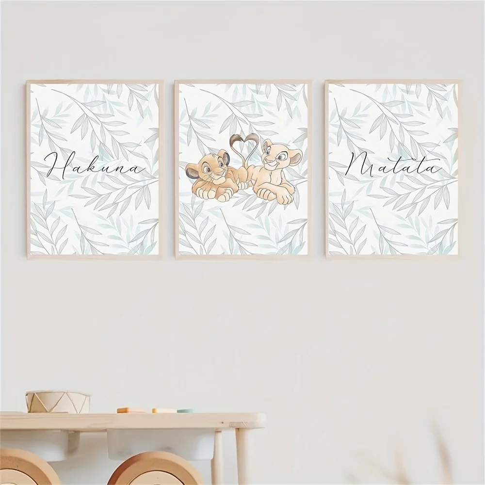 3 قطع من ملصقات فنية جدارية من Disney The Lion King - ملصقات قماشية غير مؤطرة مع Simba & Nala Love، اقتباسات Hakuna Matata، سيارة ألوان مائية