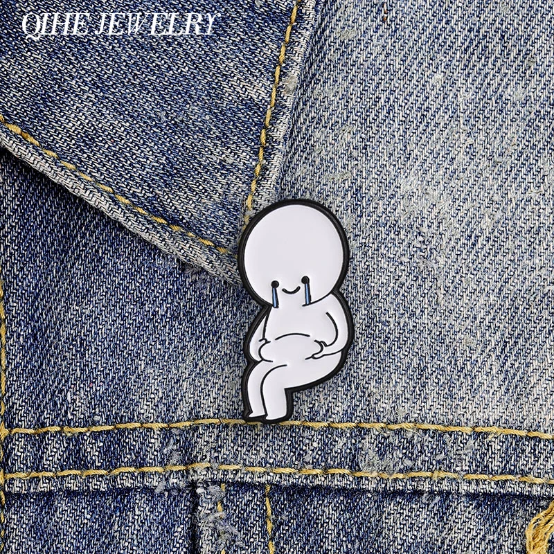 Squeezing Belly Smiling Crying Stick Figure Enamel Pin Humor Figure Hands On Belly Fat Teardrop Face Brooch Badge Jewelry Gifts