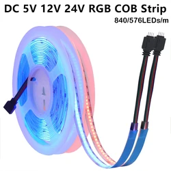 RGB COB LED 스트립, 고밀도 840LEDs/m 576LEDs/m 방수 유연한 LED 테이프 라이트 바, 방 장식용, 5V, 12V, 24V