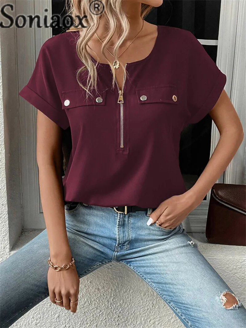 

Summer O Neck Zipper Splicing Pullover Shirt Women Button False Pockets Decoration Top Female Comfortable Casual Commuter Blouse