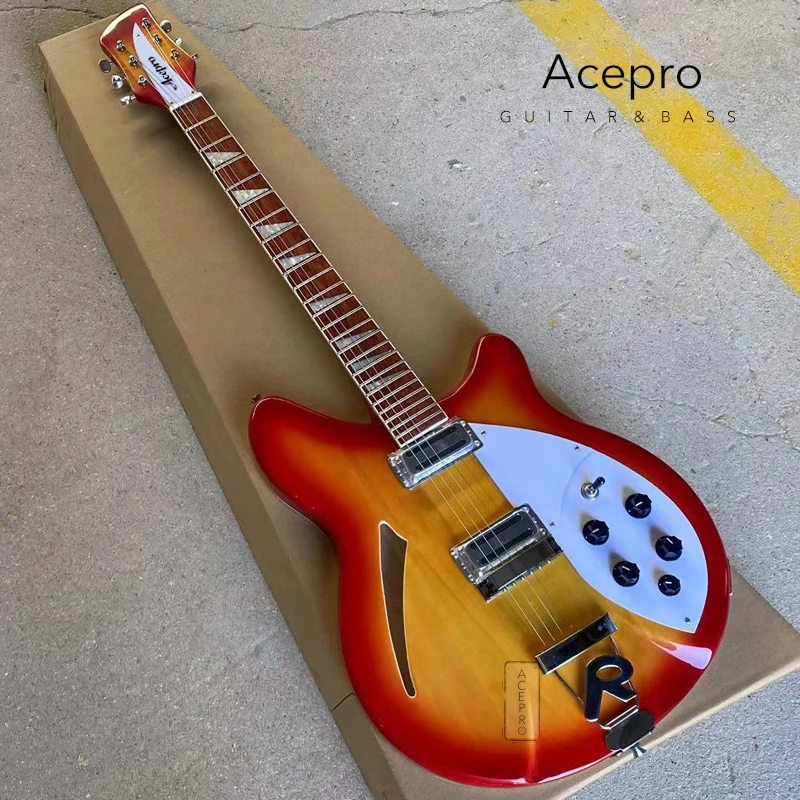 Semi Hollow Body Electric Guitar Cherry Sunburst Color, R Shaped Tailpiece, 24 Frets Rosewood Fretboard, 6 String Guitarra