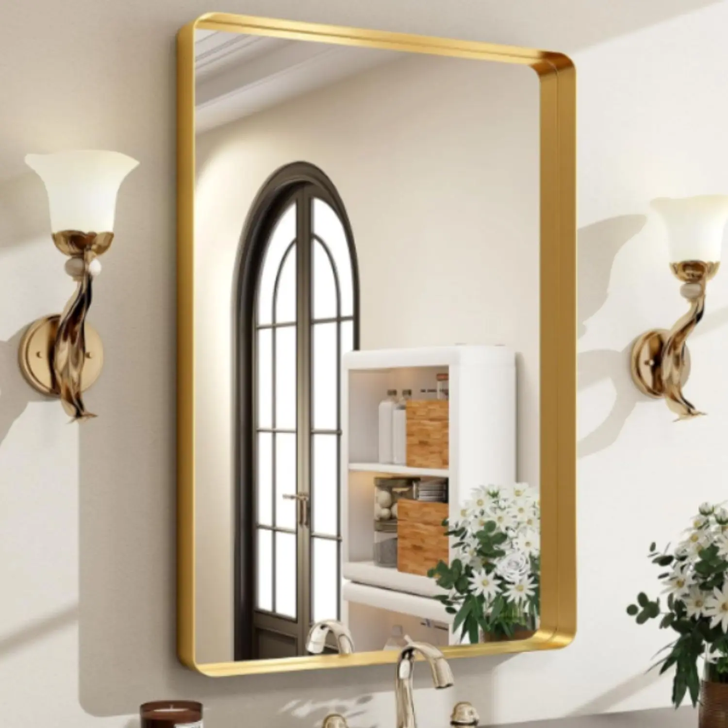 

Bathroom Mirror 21.65X29.53 Inch Black Metal Frame Rectangle Vanity Mirror with Rounded Corners, Modern Wall Mounted Anti-Rust Mirror for Farmhouse, Restroom, Entryway, Horizontal or Vertical Hanging