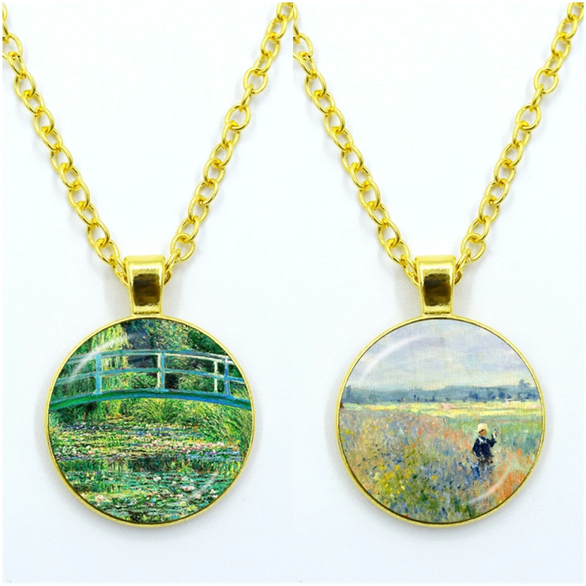 Claude Monet Water Lilies Oil Painting Sunflower Poppy Necklace For Women Men Art Oil Paintings Glass Jewelry Fashion Gifts