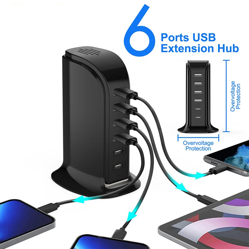

【Fast Delivery】30W Multi Portable Travel Charger Adapter 6Ports 4USB+2PD Port USB Phone Charger Compatible with Smartphones Tabl