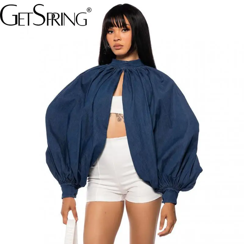 GetSpring Women Denim Jacket 2024 Spring Stand Collar Batwing Sleeve Backless Denim Jacket All Match Loose Casual Short Tops New