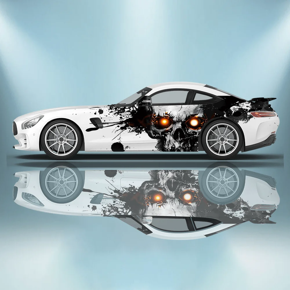

Dark Horror Scary Skull Head Glowing Eyes Splashing Car Decal Full Body Floral Decoration Covering Scratches Protect