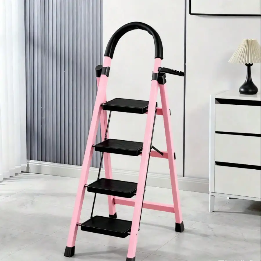 

4/5-Tier Folding Step Stool (Black/Red/Pink) - Wide Non-Slip Pedals Sturdy Steel Lightweight Portable Step Ladder For Kitchen
