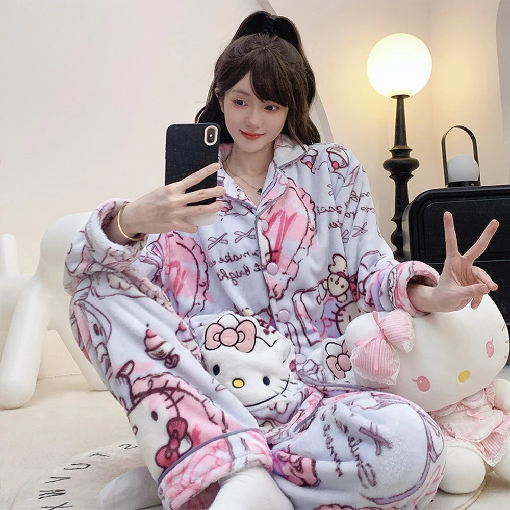 

Cartoon Hello Kitty Couple Plush Pajama Set Tops Pants Anime Kuromi Coral Velvet Men Women Sleepwear Cute Warm Winter Homewear