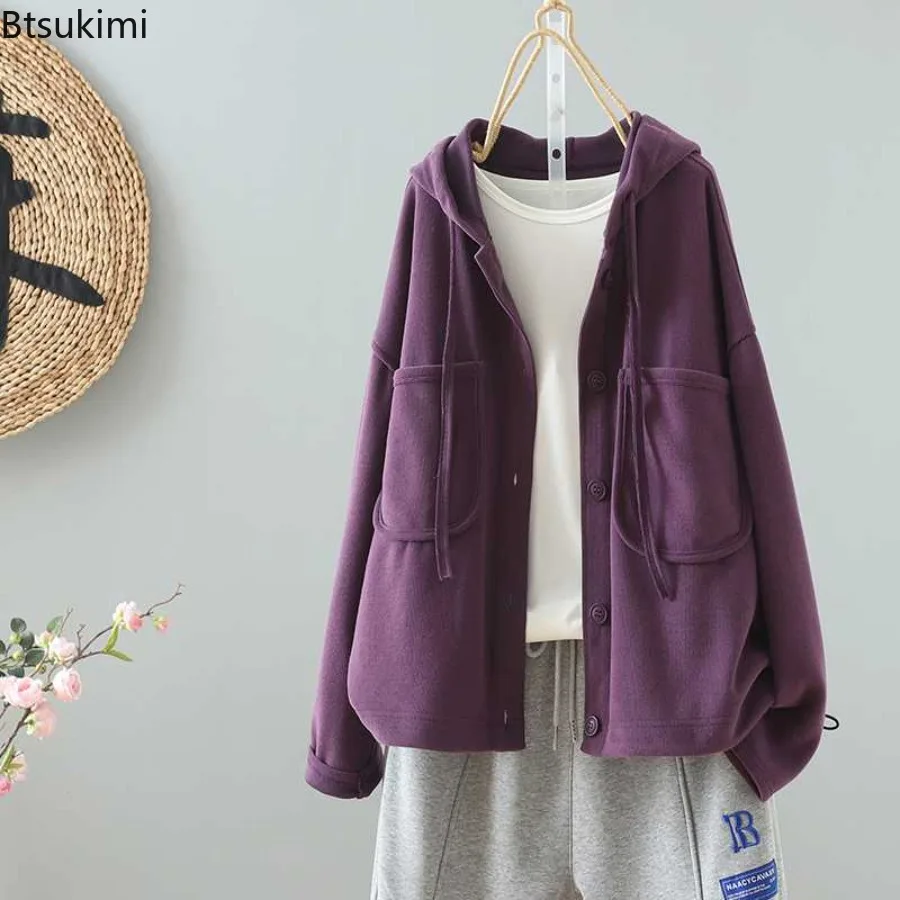 

Новые женские повседневные свободные худи из хлопка однотонного цвета, простые куртки на весну-осень с двойными карманами, толстовки с капюшоном для женщин