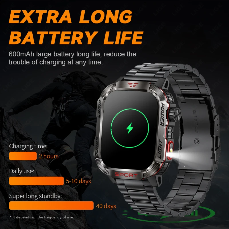 LIGE-Montre intelligente étanche avec lampe de poche pour homme, détection d\'argent, extérieur, appel Bluetooth, 600 \