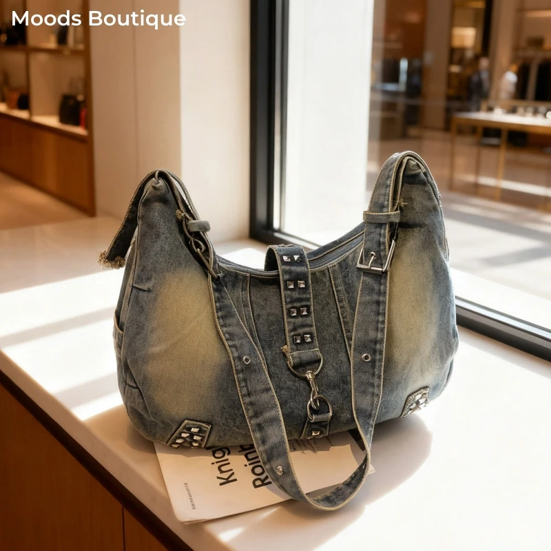 

Vintage Style Y2K Shoulder Crossbody Bags For Women Denim Fabric Rivets Decor Large Capacity Shopper Totes Designer Handbags Lux