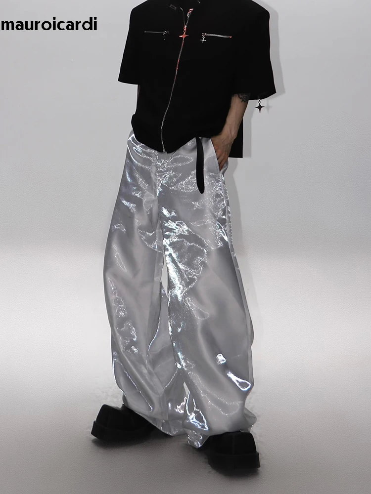 Mauroicardi Autumn Loose Casual Shiny Glitter Wide Leg Pants for Mens Luxury Designer Y2K Streetwear Floor Length Trousers 2023