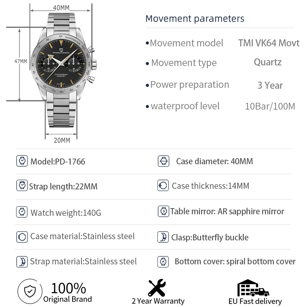 PAGANI-Montre de sport à quartz étanche pour homme, acier inoxydable, vitesse, chronographe, 100m, VK64, Shoous AR Sapphire