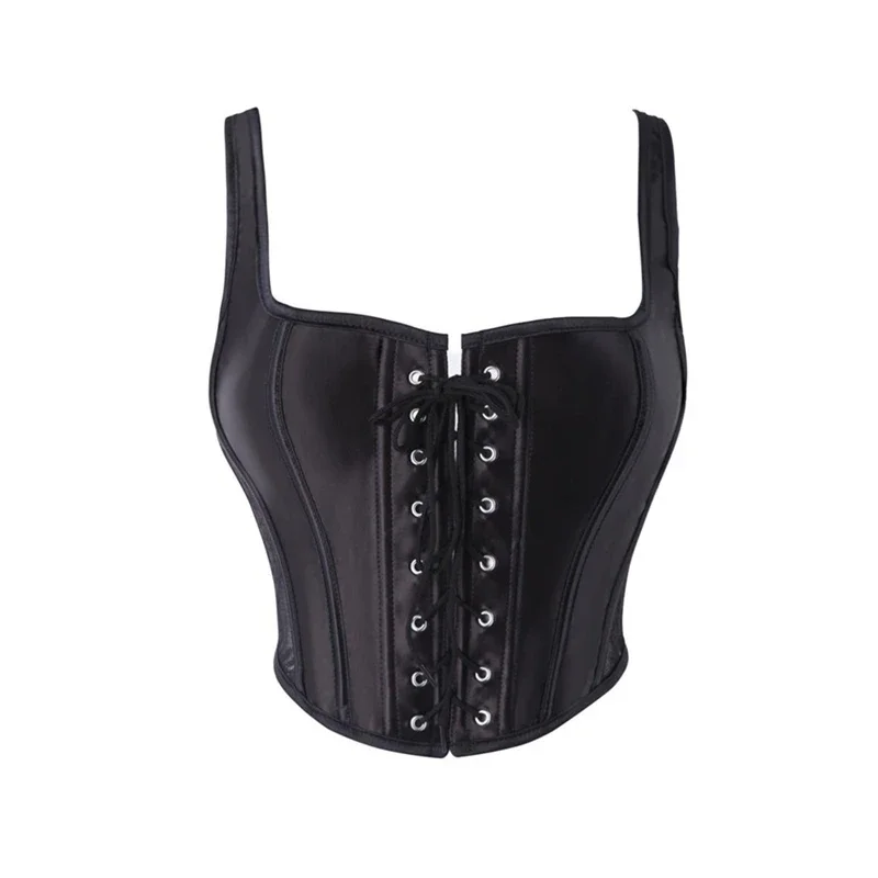 

Women Black Satin Splicing Lace Mesh Corset Crop Tops Lingerie Body Shaper Fishbone Shoulder Strap Short Bustier Vest