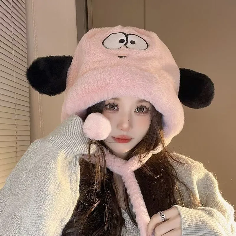 Women's Autumn Winter Plush Earflap Trapper Hat, Cute Dog Design Thick Warm Coldproof Cap Large Head Circumference