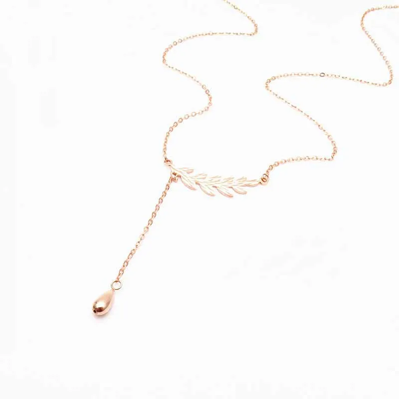 585 Purple Gold Plated 14K Rose Gold Leaf Necklace Waterdrop Chain Pendant Light Luxury Exquisite Engagement Ladies Jewelry