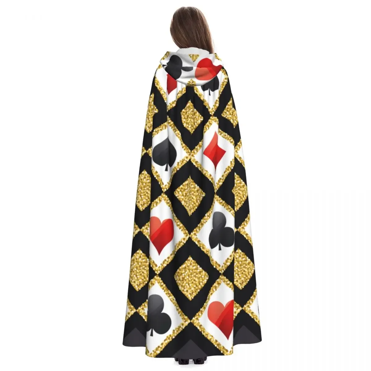 Golden Alice In Wonderland Poker Red Black Adult Cloak Cape Hooded Medieval Costume Witch Wicca Elf Purim Carnival Party