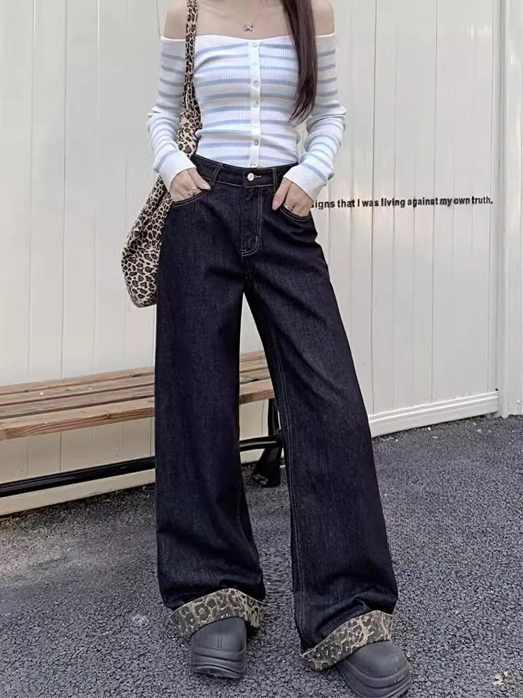 

Широкие джинсы с высокой талией и леопардовым принтом, американские ретро-чернижные джинсы, женские свободные джинсы больших размеров с высокой талией, цветные прямые брюки...