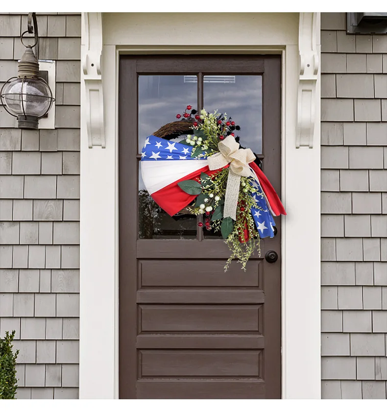 Corona del giorno dell'indipendenza americana, ghirlanda di fiori simulati, decorazione da appendere per la decorazione della festa del Patio all'aperto da appendere alla porta