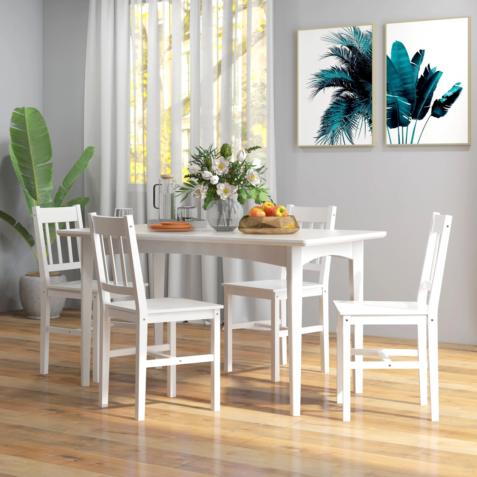 HOMCOM Esszimmerstühle 4er Set Küchenstuhl mit Rückenlehne, Wohnzimmerstuhl, Stühle mit Modern-Stil, Essstühle aus Kiefernholz für Esstisch, Weiß