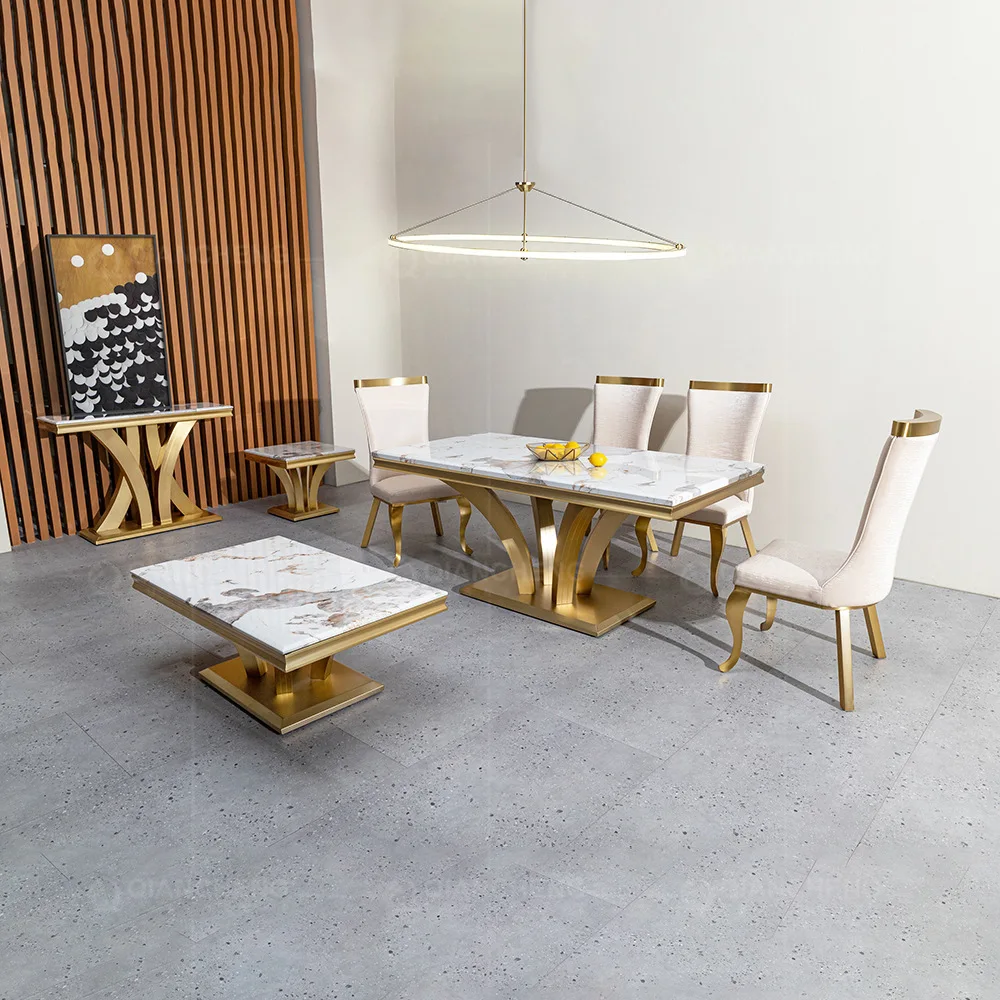 Light luxury marble dining table household high-end rectangular cross-border Middle East stainless steel dining