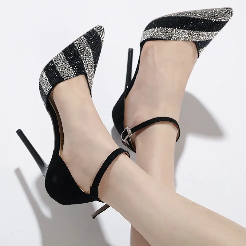 

Black Hollow Rhinestone Pointy Sandals Women Stylish Party Bling White Heels Ladies Summer Wedding Ankle Strap Splicing Shoes