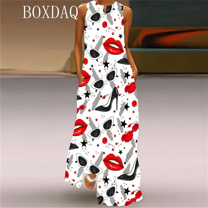 Trendy Lipstick High Heels 3D Printed Long Women Dress Elegant Spring Summer Sleeveless V-neck Sexy Tank Maxi Dress Ladies Robe