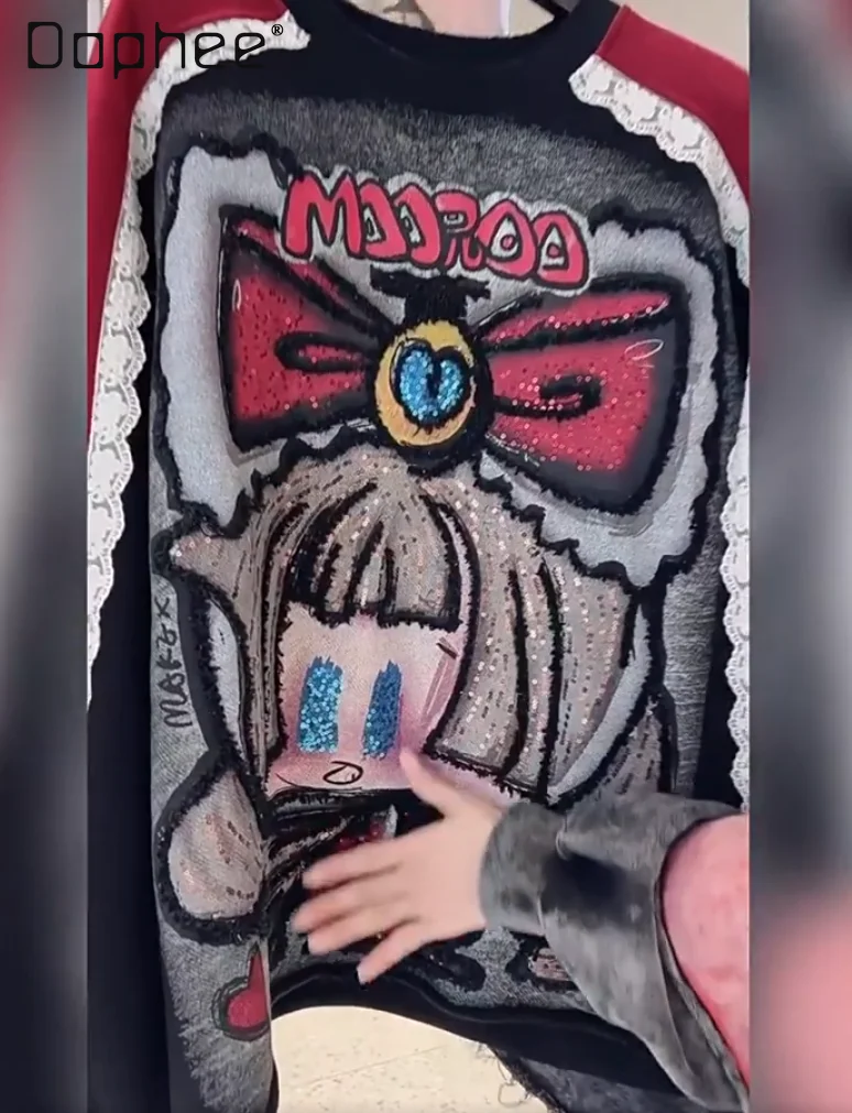 

Autumn New Heavy Sequin Print Cartoon Little Girl Color Block Crew Neck Sweatshirt Women Loose Casual Mid-Length Pullover Top