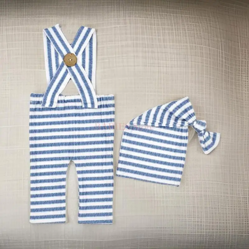 Infants Photo Shoots Apparel Set Adjustable Stripe Romper and Knotted Hat Photography Props for Baby Pictures Taking