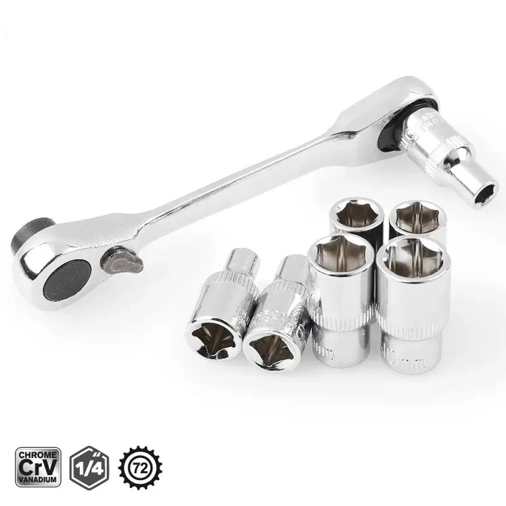 Mini Double Ended Ratchet Wrench 1/4 Inch Quick Release Socket 72-Tooth Hex Hand Repair Tool with Torque Screwdriver Function