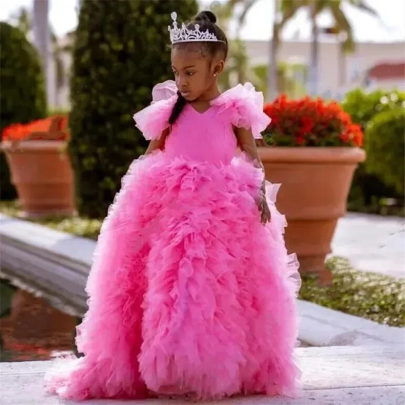 Vestido rosa para niña de las flores, tutú Simple en capas, cuello en V, Princesa, boda, fiesta de cumpleaños, primera comunión