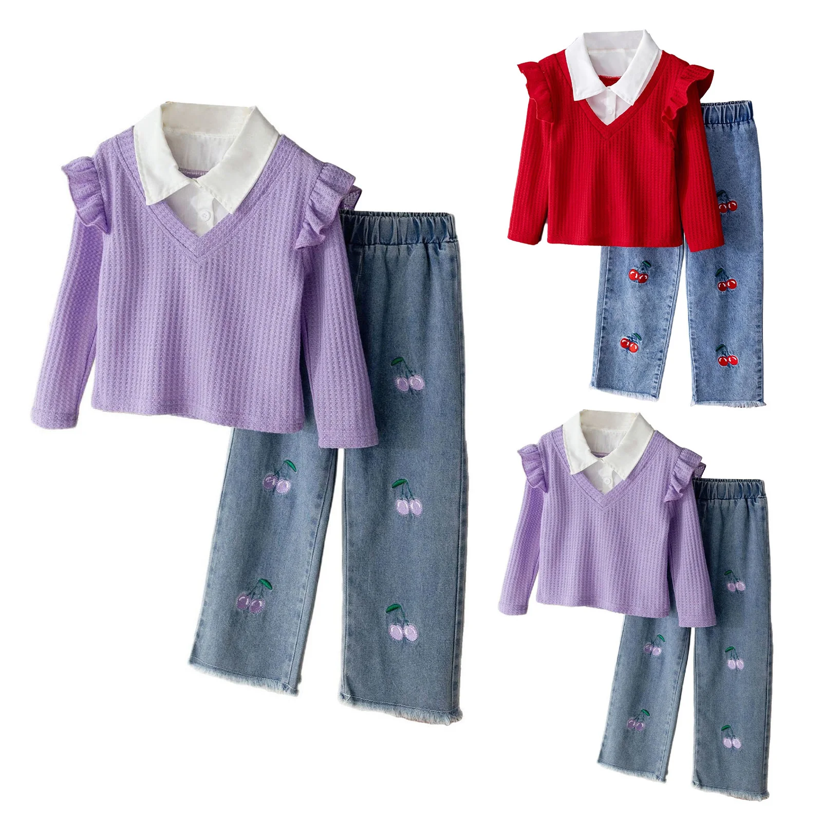 أطفال بنات ربيع الخريف ملابس غير رسمية موضة كم طويل محكم بلايز مع الكرز التطريز الدنيم السراويل ملابس الأطفال #6