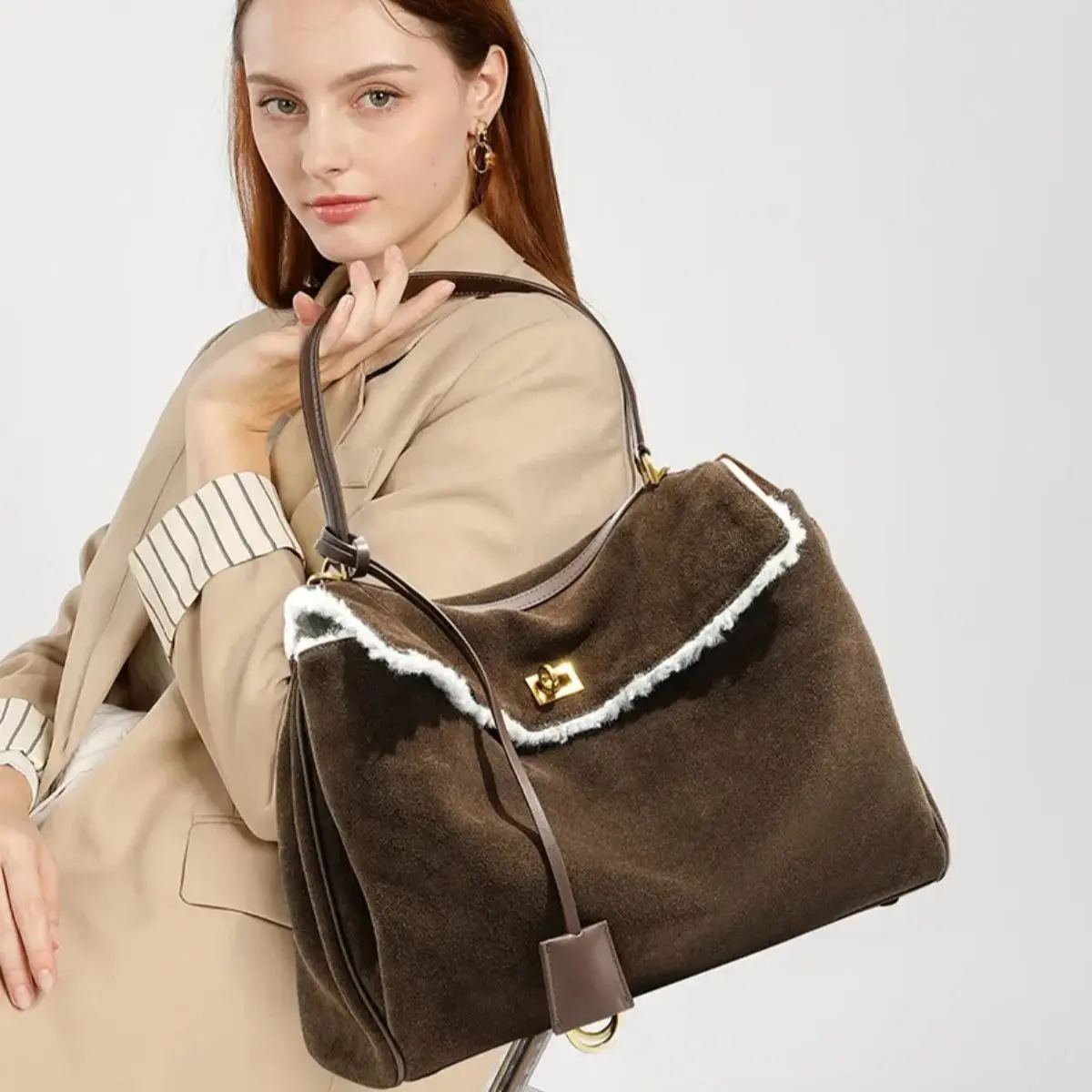

Large Capacity Autumn Winter Suede Leather Tote Bag Frosted Cowhide High-Grade Shoulder Kellybag for Women