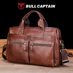 BULLCAPTAIN-maletín de hombro de cuero genuino para hombre, bolso de mano de 14 pulgadas para ordenador portátil, maletín Simple de moda para oficina y negocios